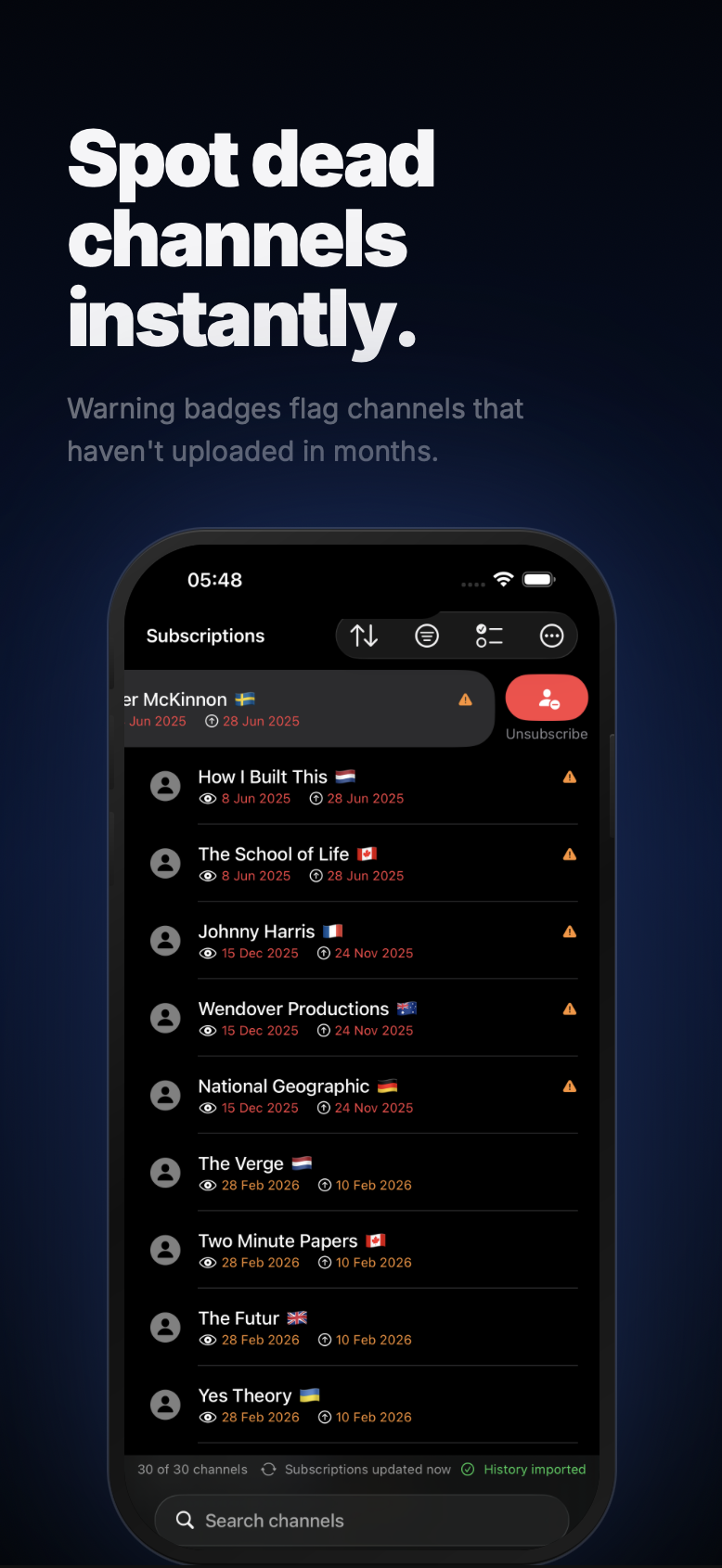 Channora filter menu for inactive channels, uploads, and country
