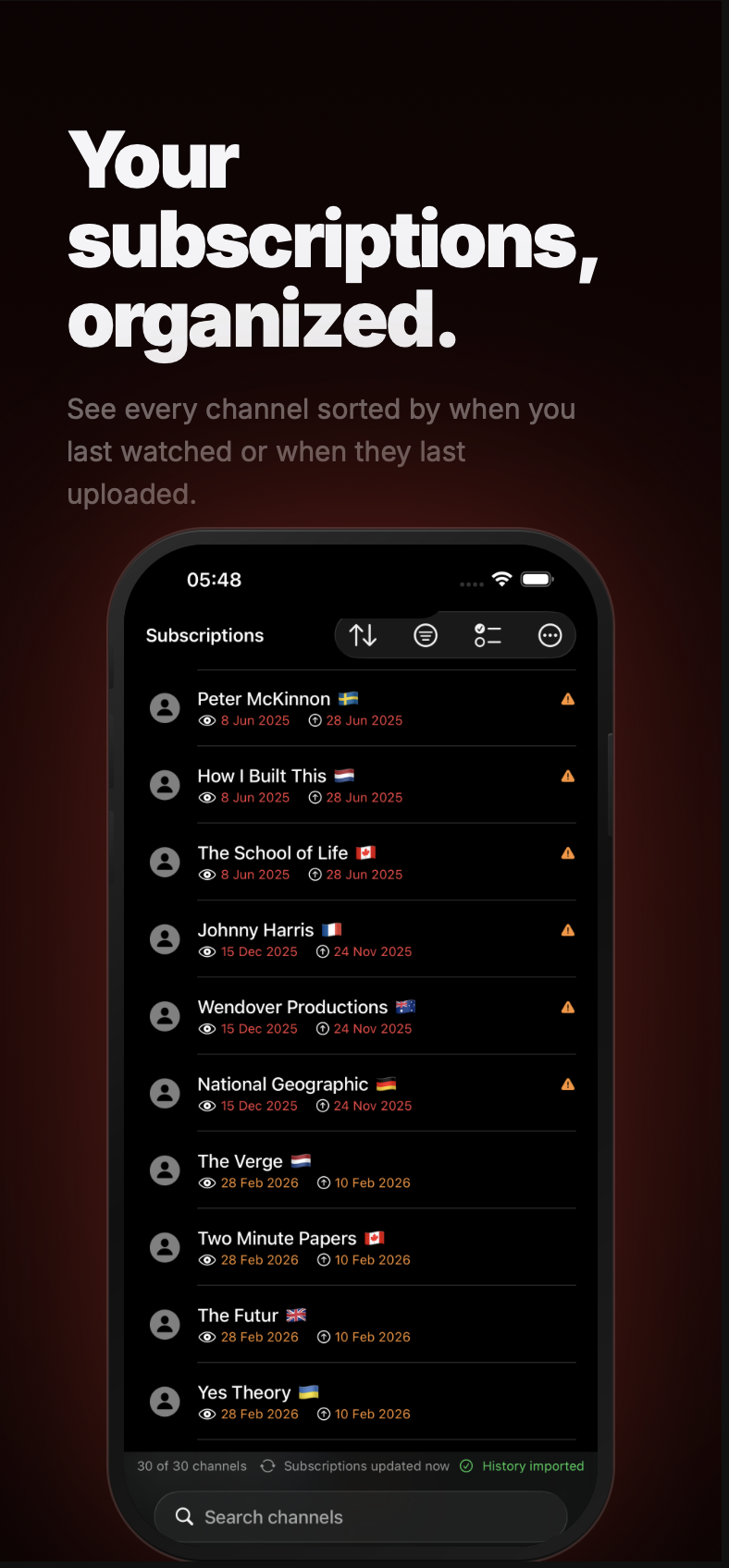 Channora subscription list, organized by last watched and last uploaded